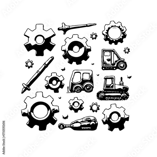 Assorted mechanical components and vehicles illustrations showcasing engineering and