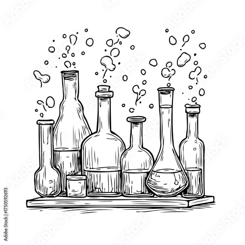 Assortment of laboratory glassware with bubbling fluids showcasing science education and