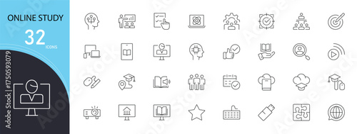 Online study related icons set including laptop, e-learning, book, video class, internet, student, and virtual education. Editable stroke and modern outline icons perfect for education and  learning.