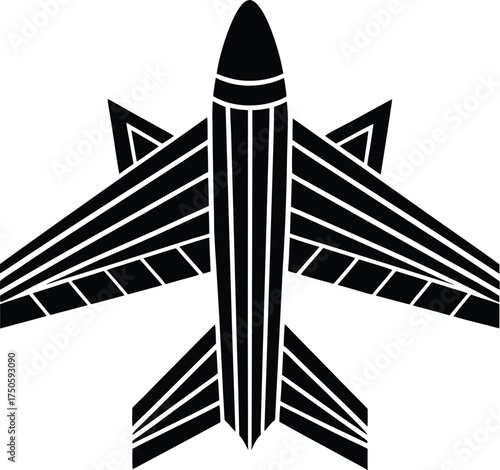 Top view airplane silhouette vector design, minimal jet aircraft, flat black aviation illustration