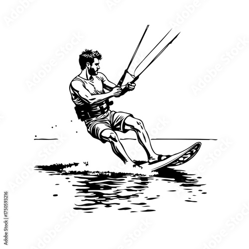 Bold action kitesurfing illustration: energetic man riding waves in ocean using kite with control