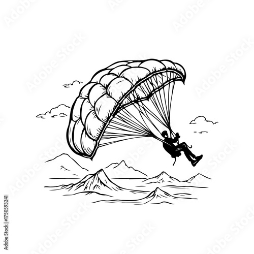 Bold illustration of a solo paraglider soaring above mountainous terrain on a clear day adventure