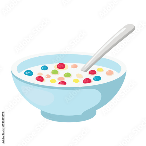 A light blue bowl of colorful fruity cereal with a silver spoon
