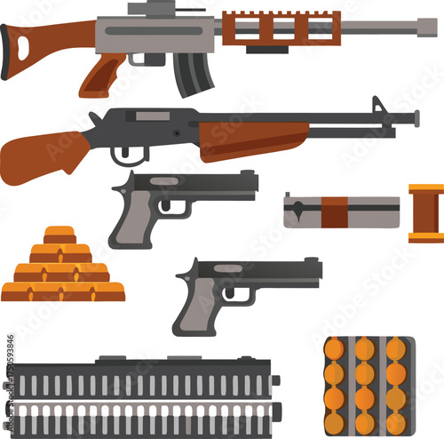Assortment of firearms ammunition and gold bars depicted in a flat style