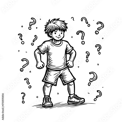 Cartoon Boy Surrounded by Question Marks: Visualizing Curiosity and Wonder in Childhood Innocence