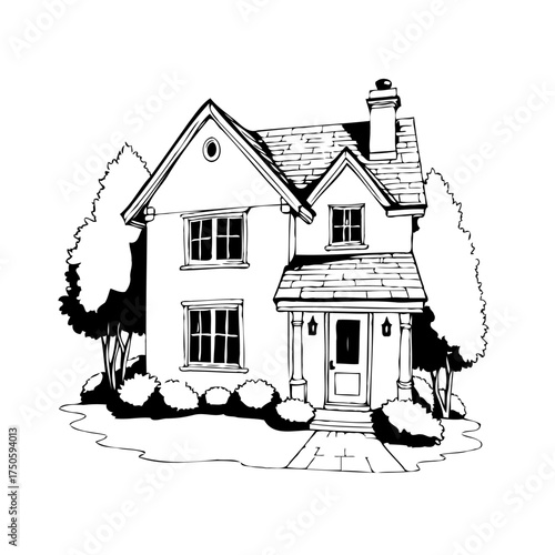 Charming architectural dwelling sketch with symmetrical design and garden foliage creating an