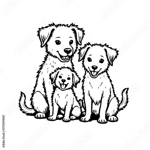Charming canine family portrait three delightful dogs depicted in black and white art illustration
