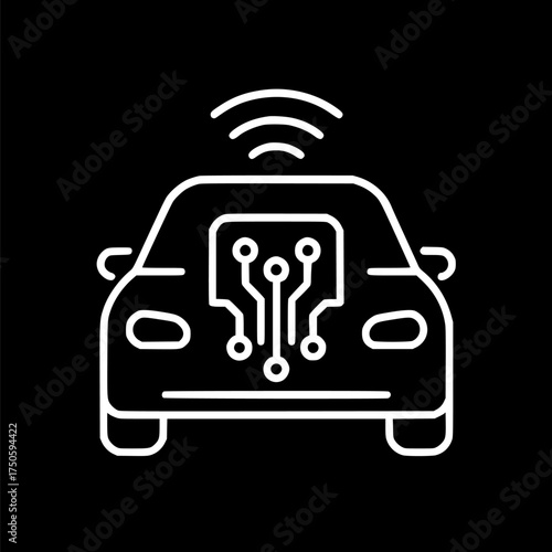autonomous car vehicle with circuit board over black background sign, symbol, vector, art