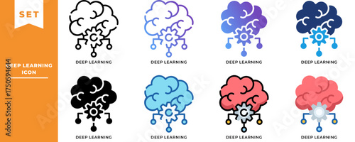 Deep Learning Icon Set – Artificial Intelligence, Neural Network, and Data Processing Brain Technology Illustration Pack