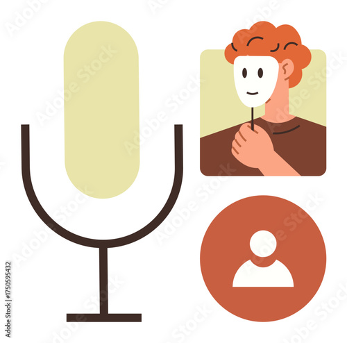 Microphone representing communication, person holding a mask signifying anonymity, user avatar symbol. Ideal for podcasts, privacy, identity, social media, voice recognition, user representation
