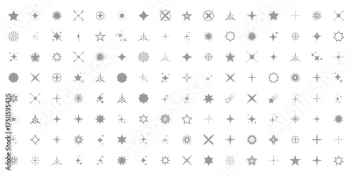 Set of sparkles star icons. Modern simple gray stars collection. Christmas stars icons. Bright firework. different stars in gray color. Flash, shine sparkle icon, blink star, light. EPS 10
