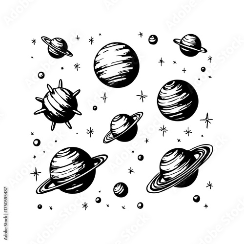 Collection of stylized planets cosmic celestial exploration discovery whimsical celestial bodies