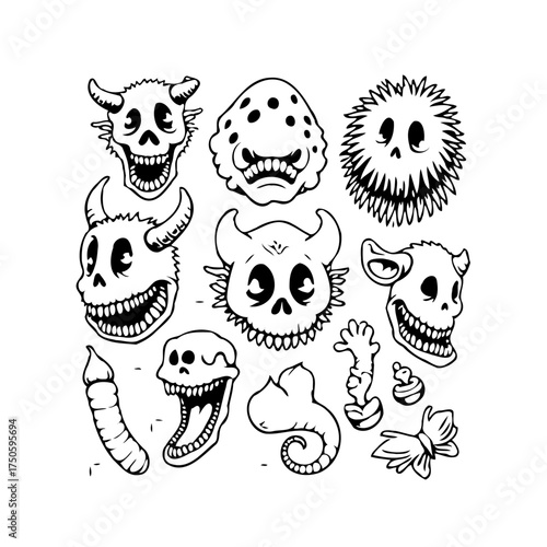Collection of whimsical monster doodle characters offering playful spooky and cartoonish charm in