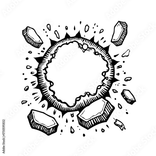Conceptual monochrome illustration representing a celestial impact or explosion with debris and