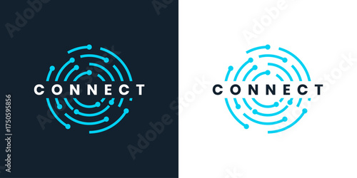 Connection logo design with circular network and futuristic digital technology concept
