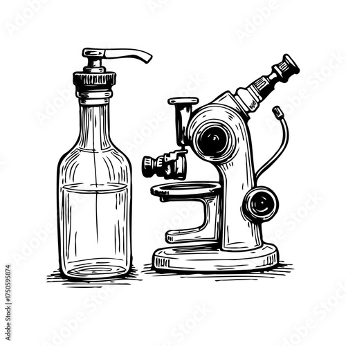 Conceptual sketch showcases juxtaposition of liquid soap dispenser and scientific microscope