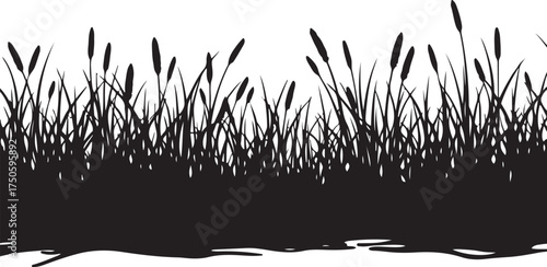 Black silhouette of cattails and grass on white background