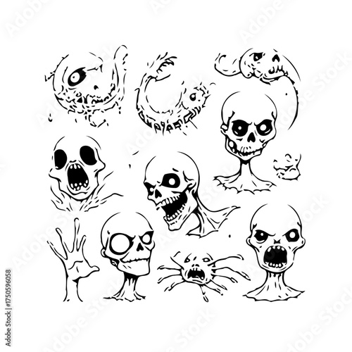 Creepy halloween sketches featuring skulls zombies and spiders adding a spooky aesthetic to your
