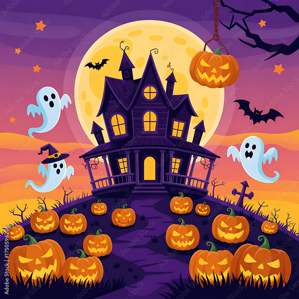Fototapeta premium Spooky haunted house with pumpkins and ghosts in halloween night