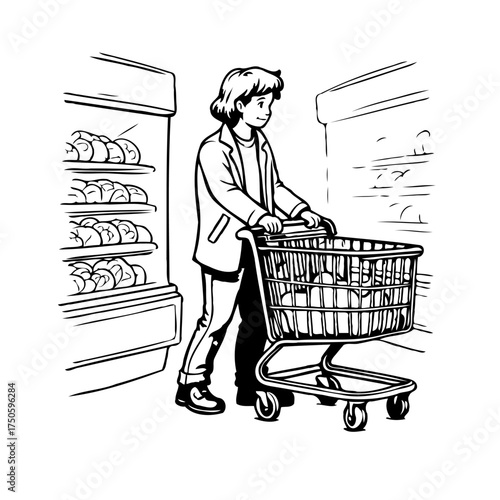 Depiction of a person grocery shopping with a cart inside a store purchasing food and supplies in
