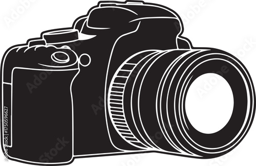Black and white sketch of a modern digital slr camera with a large lens, Generative Ai
