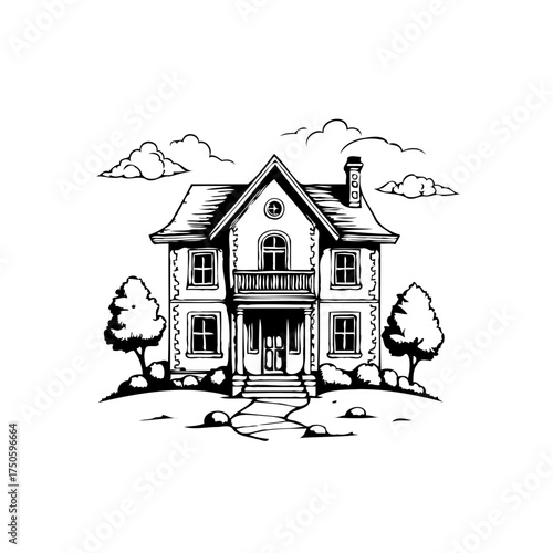 Detailed monochrome illustration of a stately residence with landscaped grounds and cloudy sky
