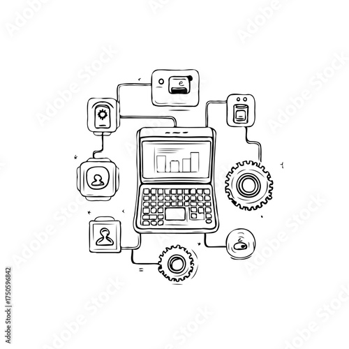 Digital connectivity network concept represented by sketched laptop and surrounding devices for