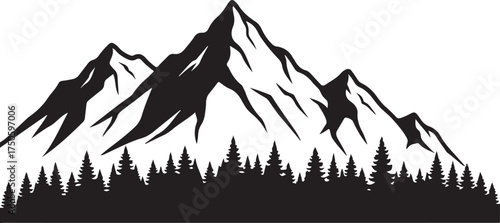 Majestic mountain range silhouette with dense evergreen forest below against a white background, Generative Ai
