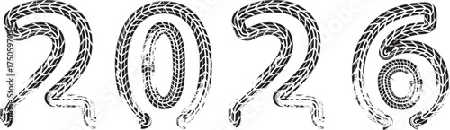 Tire Tracks . New year 2026. Car tread silhouette. Vector
