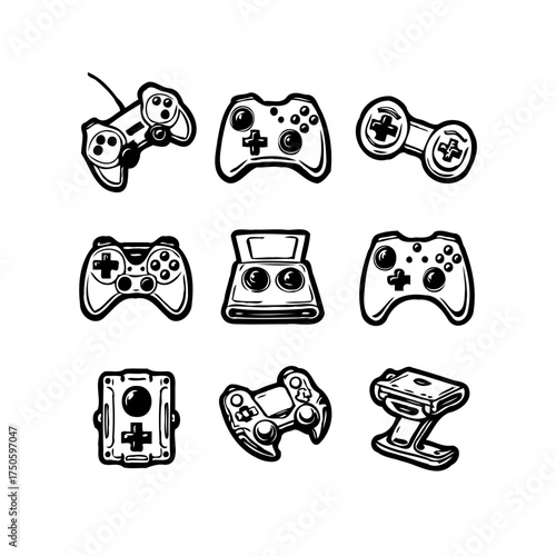 Diverse collection of stylized game controllers representing various eras of gaming console