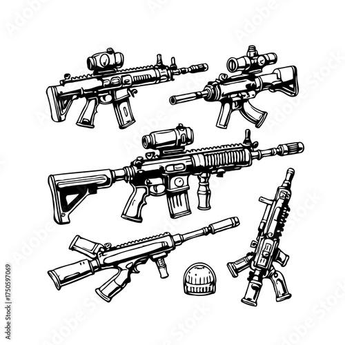 Diverse collection showcasing detailed line art illustrations of various assault rifles and