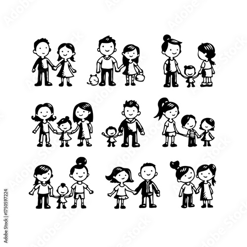 Diverse family representations in minimalistic black and white illustrations showcasing unity