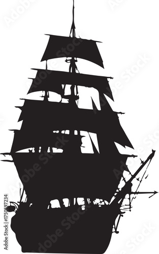 Silhouette of a majestic tall ship with full sails against a stark white background, Generative Ai
