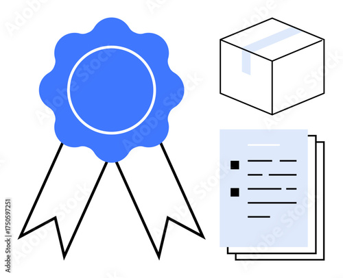 Blue award badge, checklist documents, and a sealed package signify quality assurance, delivery, and compliance. Ideal for certification, delivery services, quality control, compliance validation