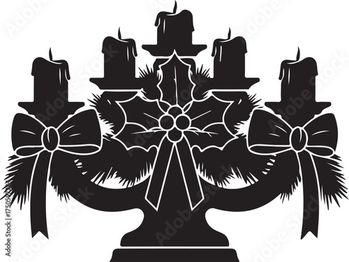 Elegant black silhouette of a five light candelabra adorned with festive ribbons and bows, Generative Ai
