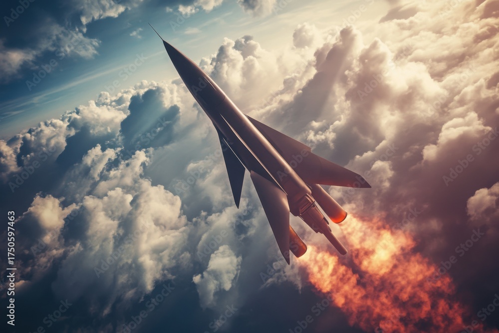 Fototapeta premium Rocket ascending through clouds during launch under a clear blue sky