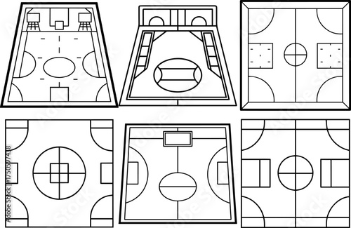 set of basketball court layout outline vector illustration line art