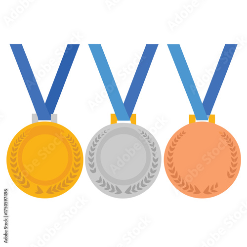 A collection of gold silver and bronze medals displayed on white background