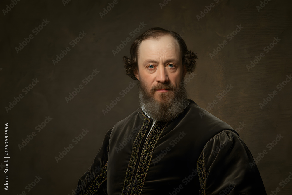 Fototapeta premium Portrait of a Man: A dignified gentleman with a full beard, dressed in period attire, gazes with a commanding presence against a softly-lit background.