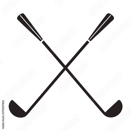 Two crossed golf clubs in a simple black and white illustration