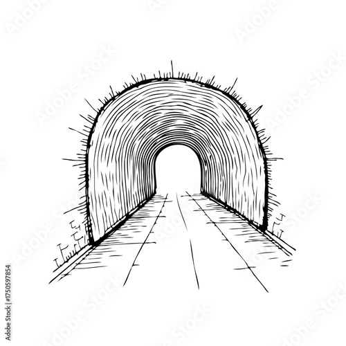 Dramatic hand sketched illustration of a dark tunnel with bright light at the far end creating