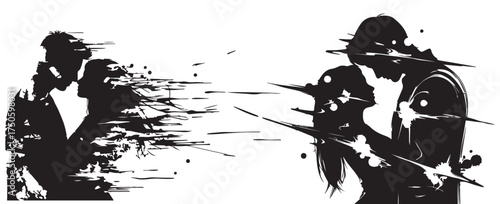 Dynamic monochrome illustration capturing the duality of human bonds the poignant dissolution of love and the vibrant formation of new intimate connections