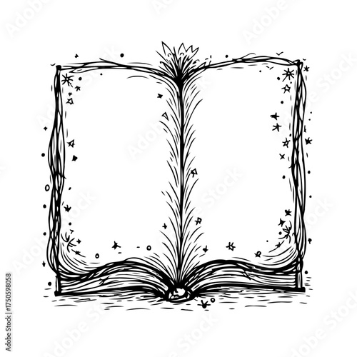 Drawn open book with botanical motif enhancing storytelling invitation imagination captivating