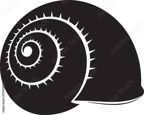 Stylized silhouette of a black snail shell with a detailed spiral pattern on a white background, Generative Ai

