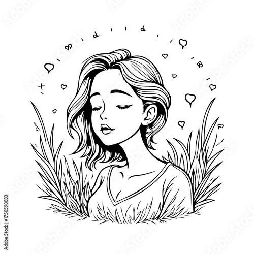 Dreamy contemplation sketched portrait of a girl surrounded by flora evoking calm ethereal