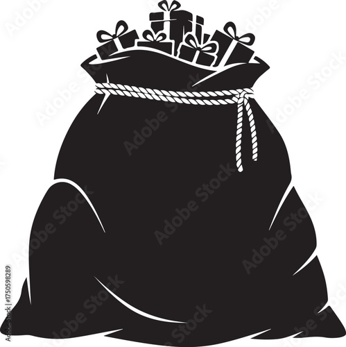 A large black silhouette of santa s sack overflowing with many wrapped gifts and tied with a rope, Generative Ai
