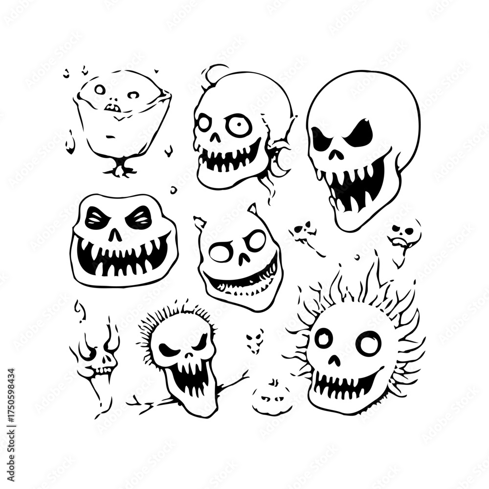 Eerie ensemble of expressive skull illustrations creating a monochromatic tableau ideal for spooky