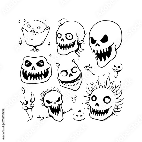 Eerie ensemble of expressive skull illustrations creating a monochromatic tableau ideal for spooky