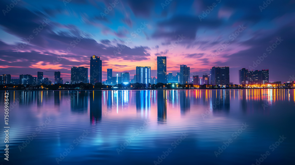Fototapeta premium City Skyline at Dusk Reflecting on Calm Water Surface
