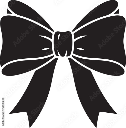 Simple black silhouette of a classic bow with looped ribbons and dangling ends, Generative Ai
